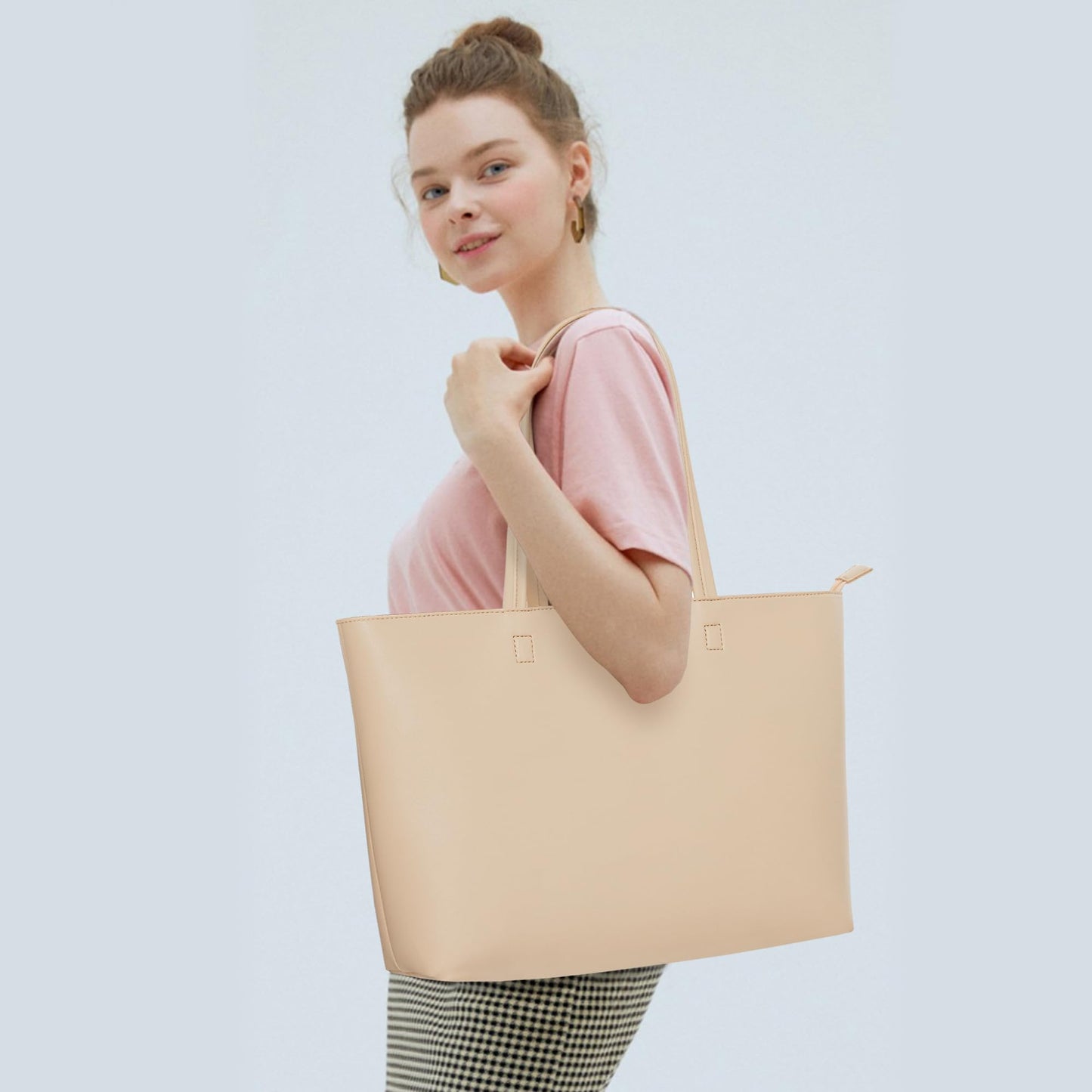 KALIDI Tote Bag Zipper Shoulder Bag Faux Leather Purses for Women Large Casual Handbag Work Dating College, Nude