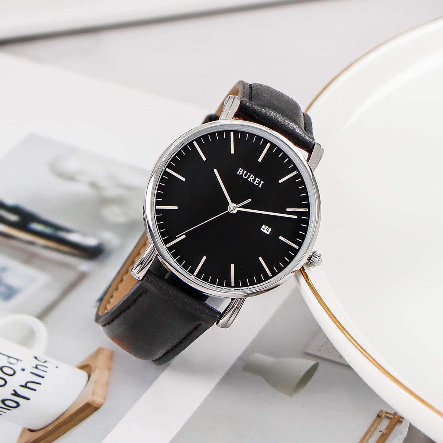 BUREI Ultra Thin Minimalist Men Leather Watch, 3ATM Waterproof Business Casual Wrist Watch, Gift for Father
