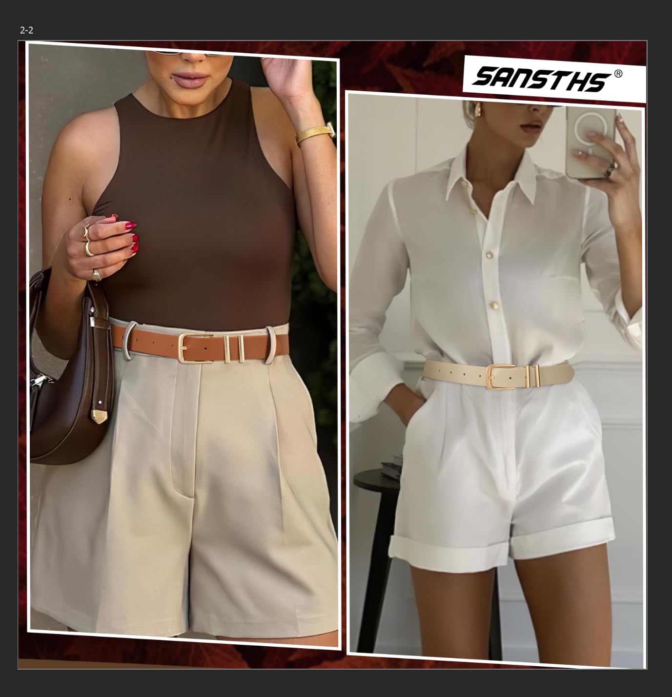 SANSTHS 2 Pack Women Belt for Jeans Pants, Simple Fashion Ladies Waist Belt with Gold Buckle, 1inch Width, Black+Beige S