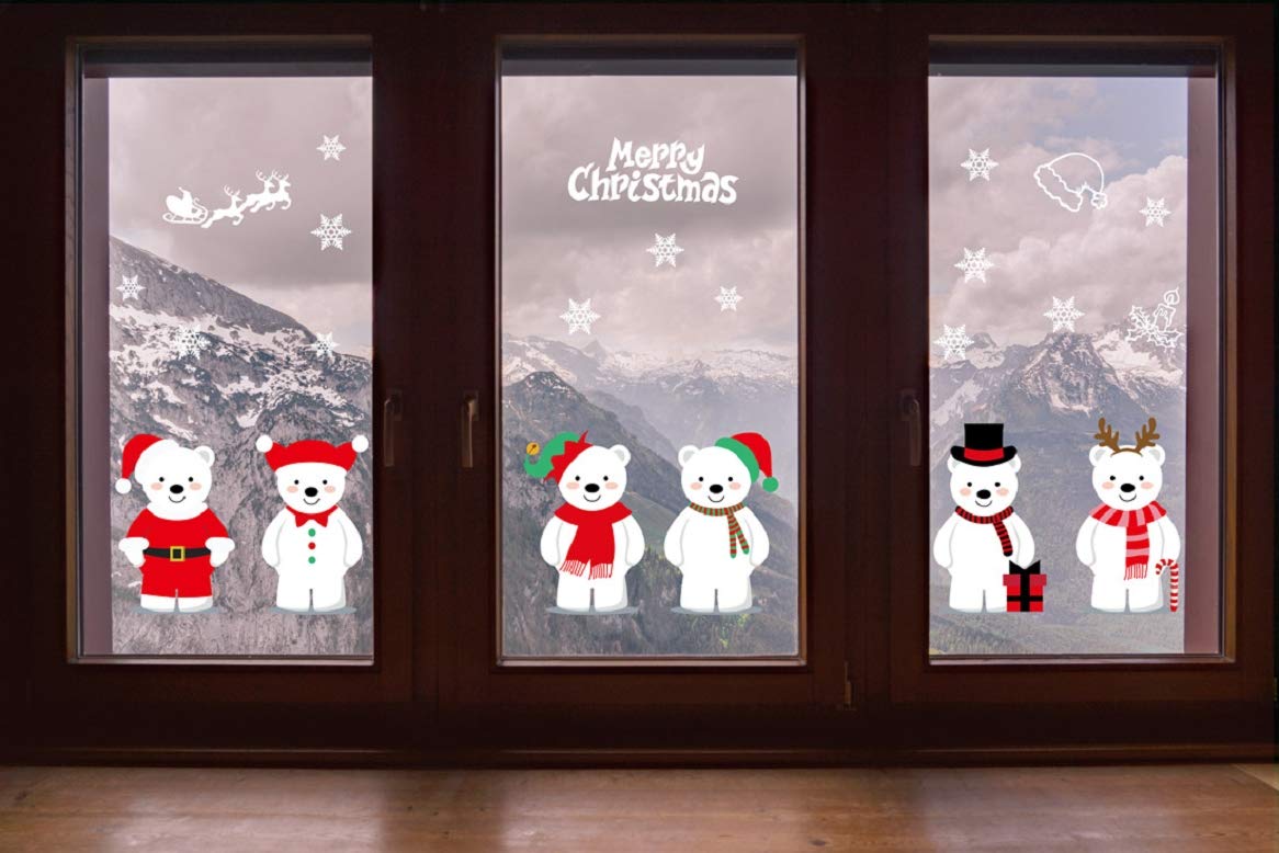 Yusongirl Christmas 6 Cute Bears Windows Stickers Decoration Snowflakes Bear Double Sided Electrostatic PVC Sticker Glass Door Fridge Showcase Window Clings Winter Holiday New Year Decals