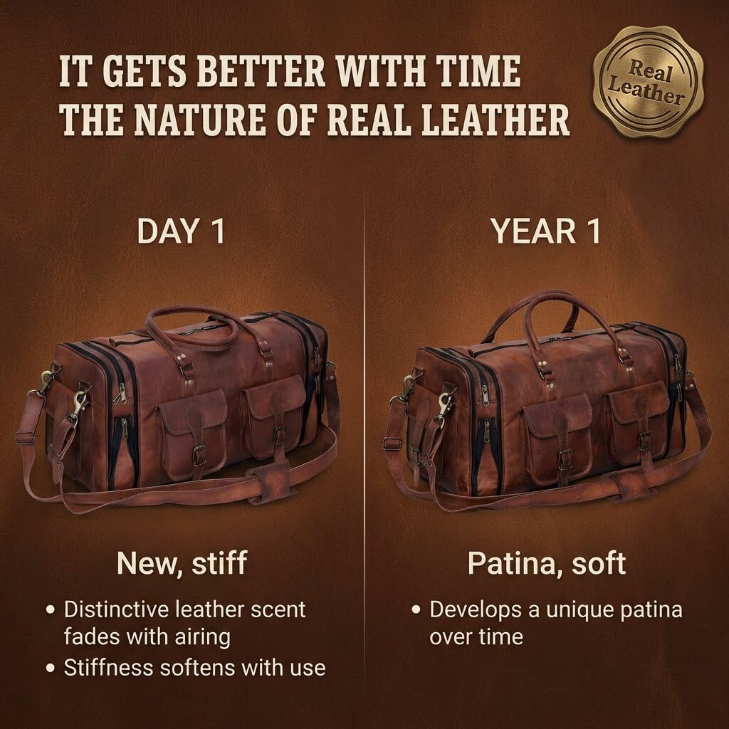 Genuine Leather Duffle Bag 24 Inch Handmade Vintage Travel Case Luggage Bags for Men, Overnight Carry On Duffel Bag Medium Weekender Gym Bag for Men and Women