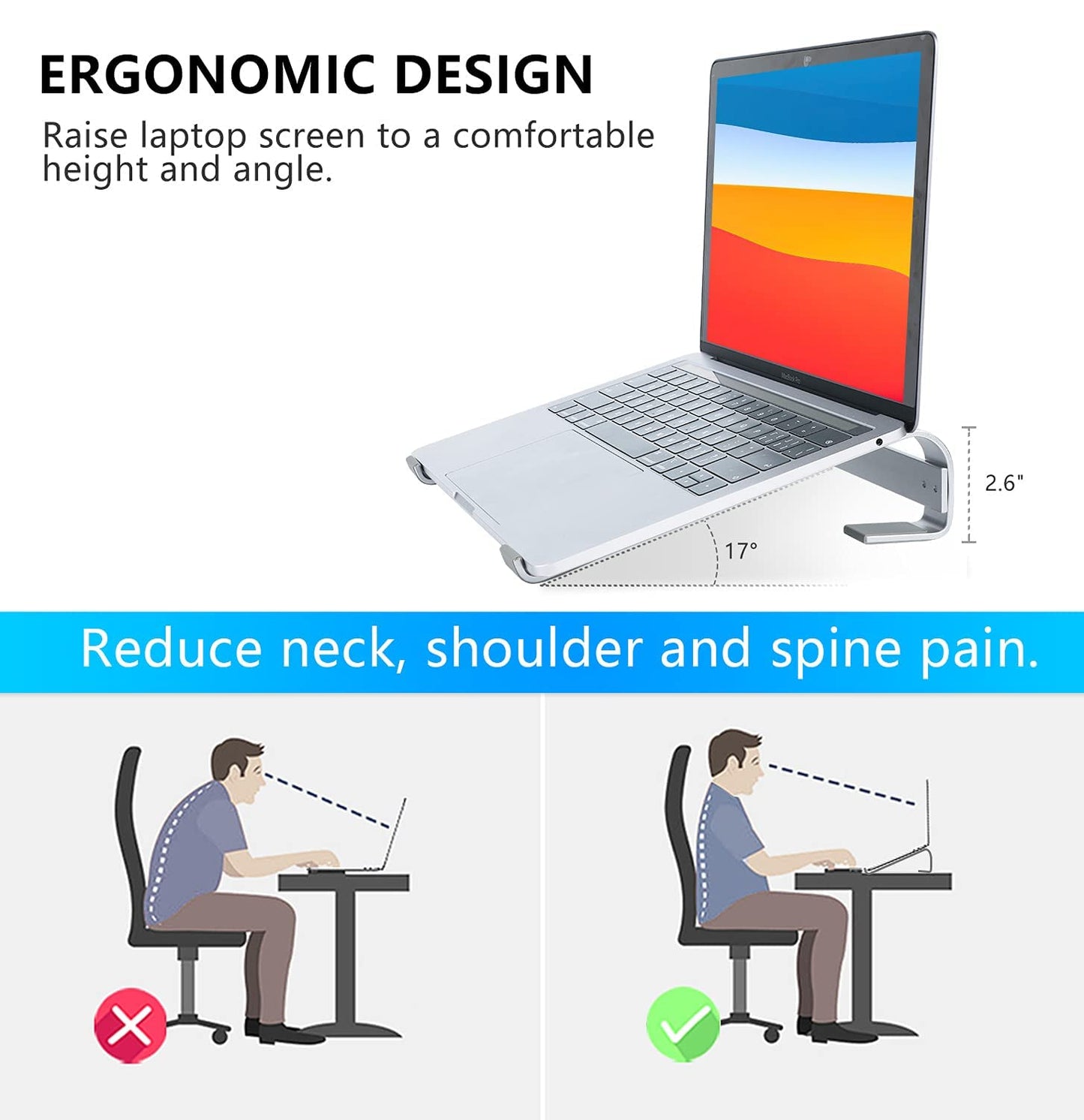 KYQEE Ventilated Laptop Stand for Desk, Ergonomic Aluminum Laptop Riser, Computer Stand for Laptop, Compatible with MacBook Air Pro, Dell, HP, More 11-17.3 Inches Notebook, Work from Home (Silver)