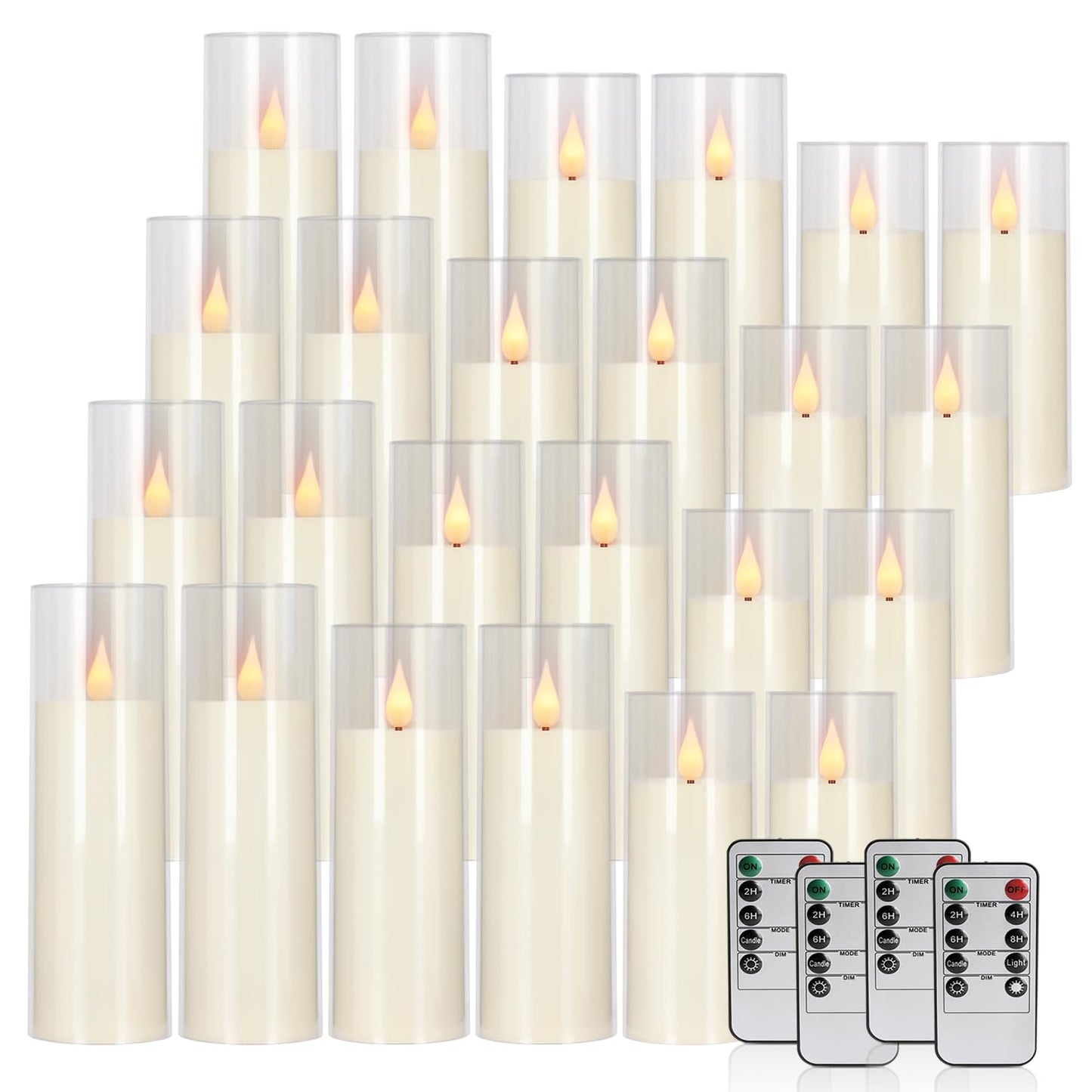 fclayvts 24 Packs of Acrylic LED Candles, Flickering Flameless Candles Battery Operated with Remote Dimmed and Timed, 3D Wick Candles for Home Decor,Wedding,Gift，Parties and Festivals. (3 Size)