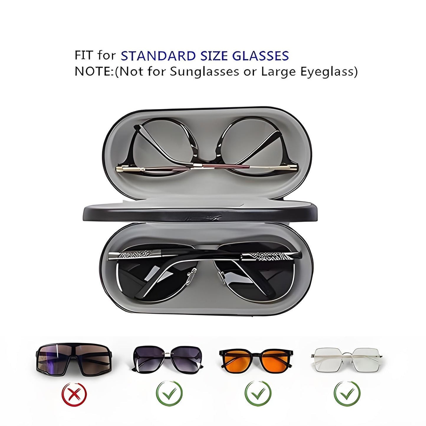 Eyeglass Case, Double Glasses Case Black Leather Eyeglass Box Cases Sunglasses Holder Box Portable Organizer for Men Women(Not Suitable for Oversized Glasses)