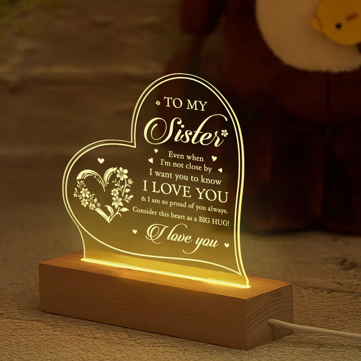 SANDJEST Acrylic Night Light - Thoughtful Gift for Sister or Brother - Long Distance Lamp for Birthday or Christmas