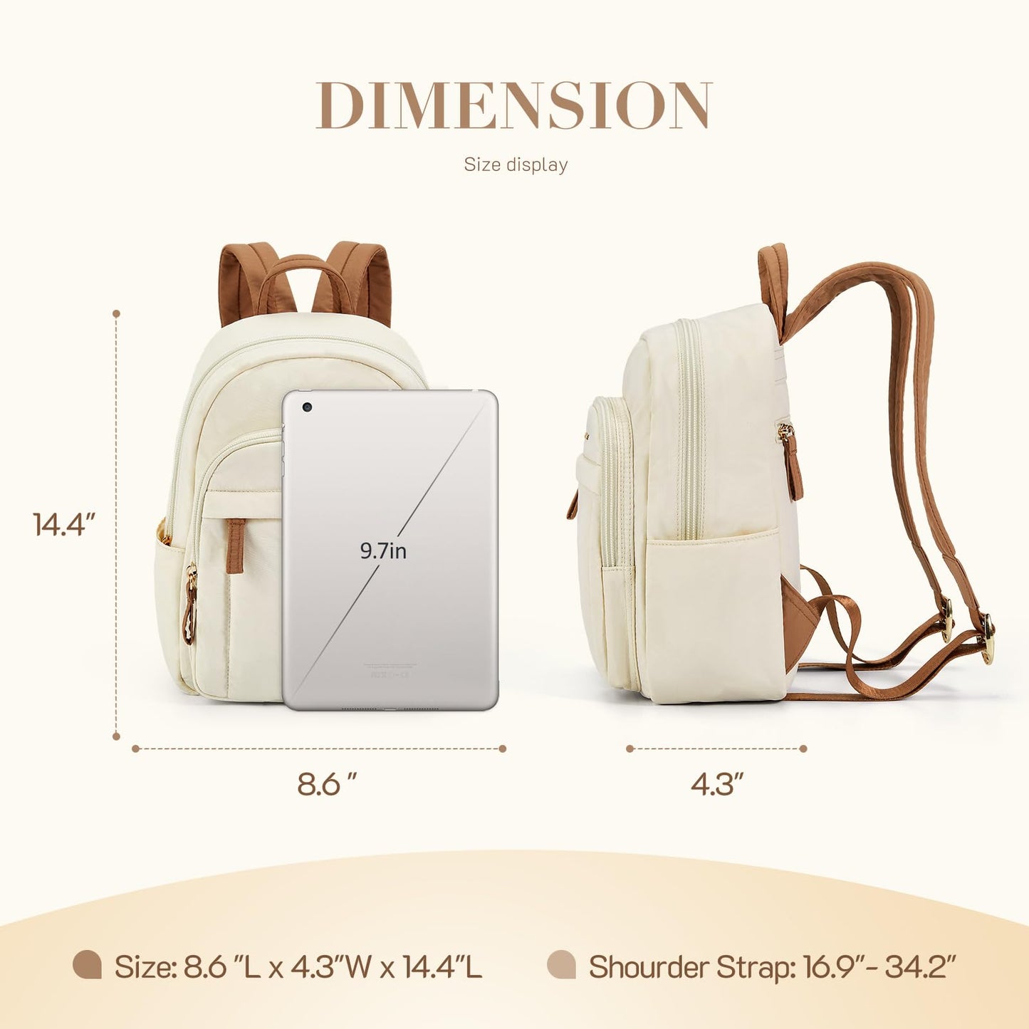 Missnine Mini Small Backpack for Women, 8.6" L×4.3" W×14.4" H, Lightweight Quilted Small Backpack Purses, Puffer Daily Purse Water-resistant Brown+Beige