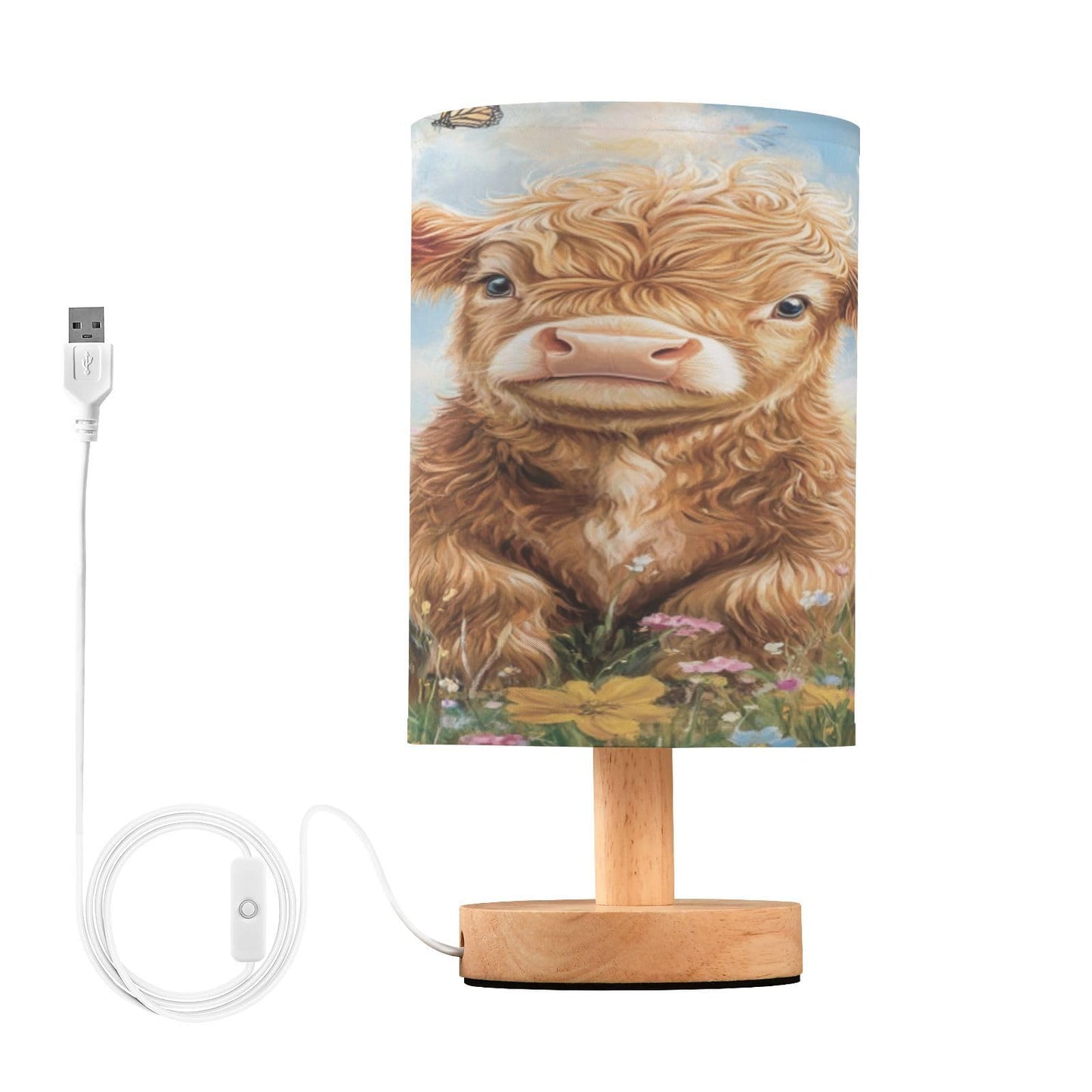 Highland Cow Flowers Table Lamp Bedroom Bedside Night Reading Desk Lamps Cylinder Nightstand Sleeping Light Lamp for Kids Living Room Office Decor