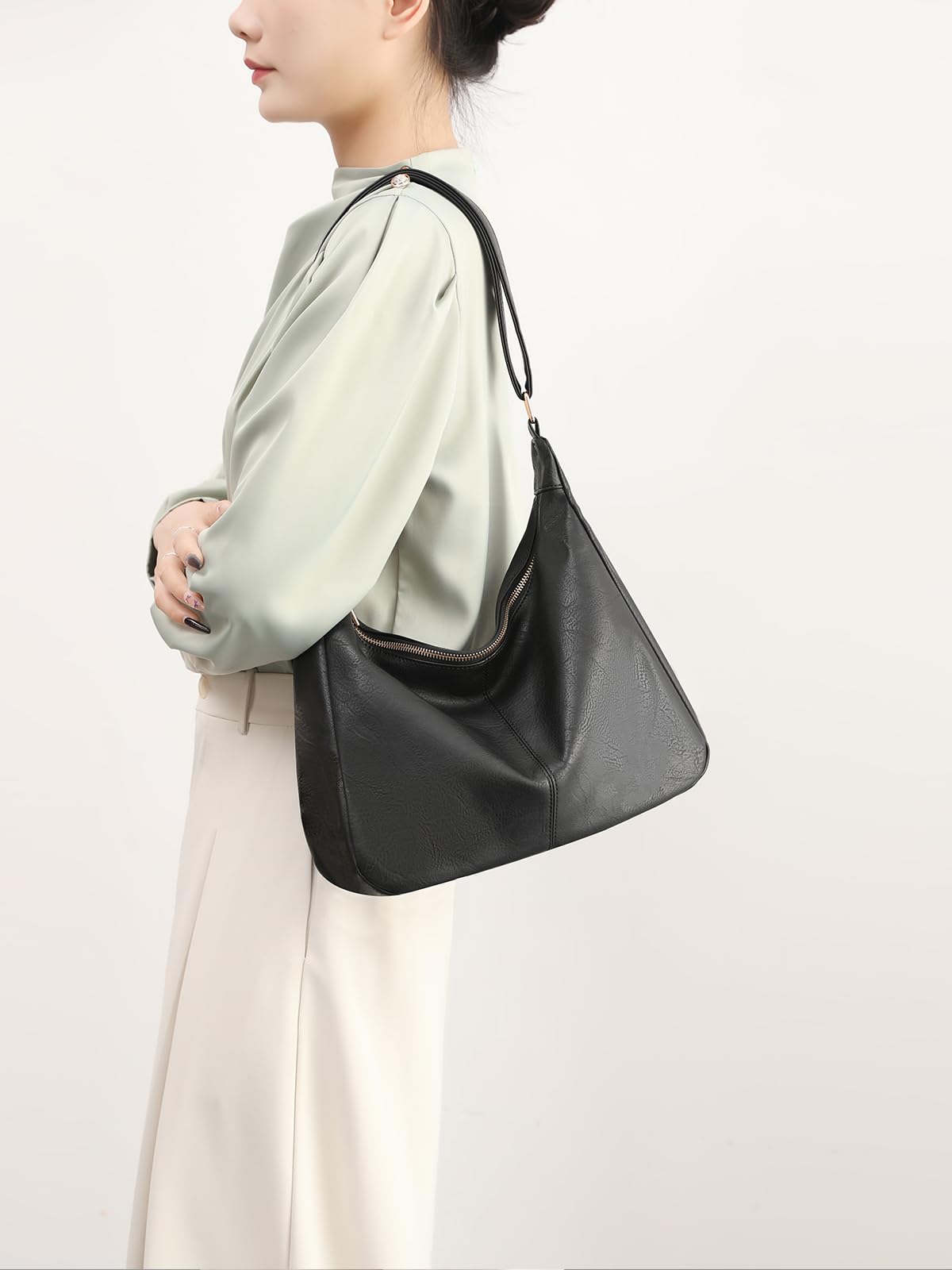 NIUEIMEE ZHOU Hobo Bags for Women Foldable Vegan Leather Shoulder Handbag Slouchy Tote Crossbody Purses