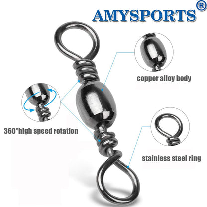 AMYSPORTS High Strength Fishing Swivels - Barrel Solid Ring & Rolling Fishing Tackle Line Connectors - Saltwater & Freshwater - Stainless Steel Accessories - 100pcs - 31lbs