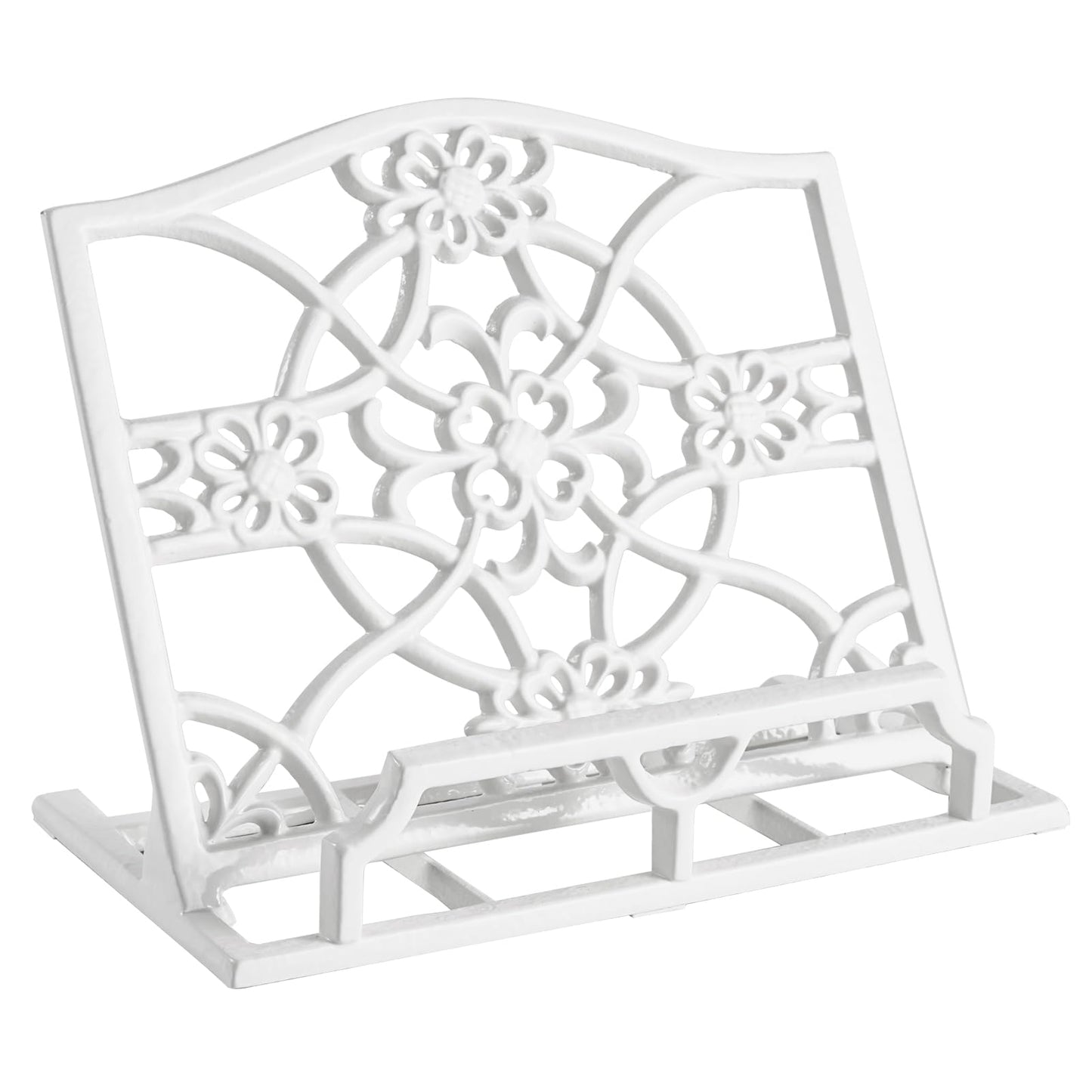 JOGREFUL Cookbook Stand, Cast Iron Heavy-Duty Recipe Book Holder, Kitchen Vintage Recipe Book Holder, Reading Rest Holder for Easel/Counter/Books/Magazine/iPad/Bible, Flower Pattern, White