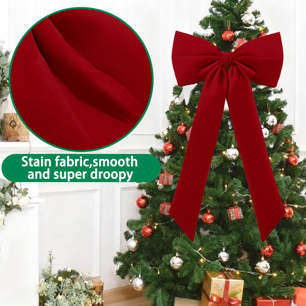 Celltestria Large Christmas Bow Ornament 15x30 Inch Velvet Giant Wreath Bows Xmas Tree Topper Ribbon Hanging Bows for Christmas Holiday Home Wall Outdoor Indoor Party Garland Crafts Decoration(Red)