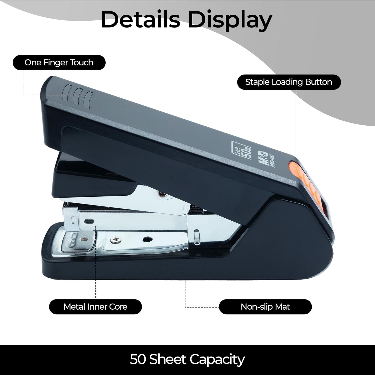 M&G Effortless Stapler 50 Sheet Capacity One-Touch Stapling, Heavy Duty Desktop Stapler Includes 1000 Staples and Remover, Portable Handheld Staplers for Home Office (Black)
