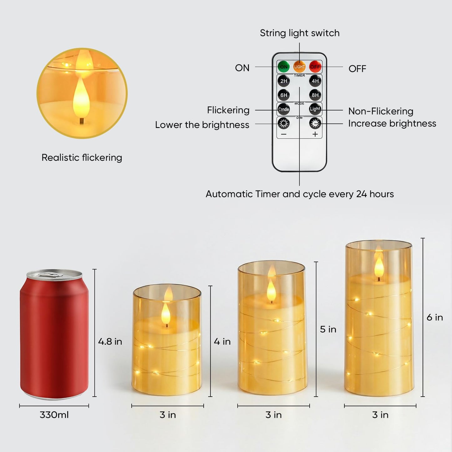 Amagic Flameless Candles, Flickering Battery Operated Candles Embedded Fairy String Light, Realistic Pillar Candle with Remote Control and Timer, Acrylic Amber Gold, Set of 6, D3 x H4 5" 6"