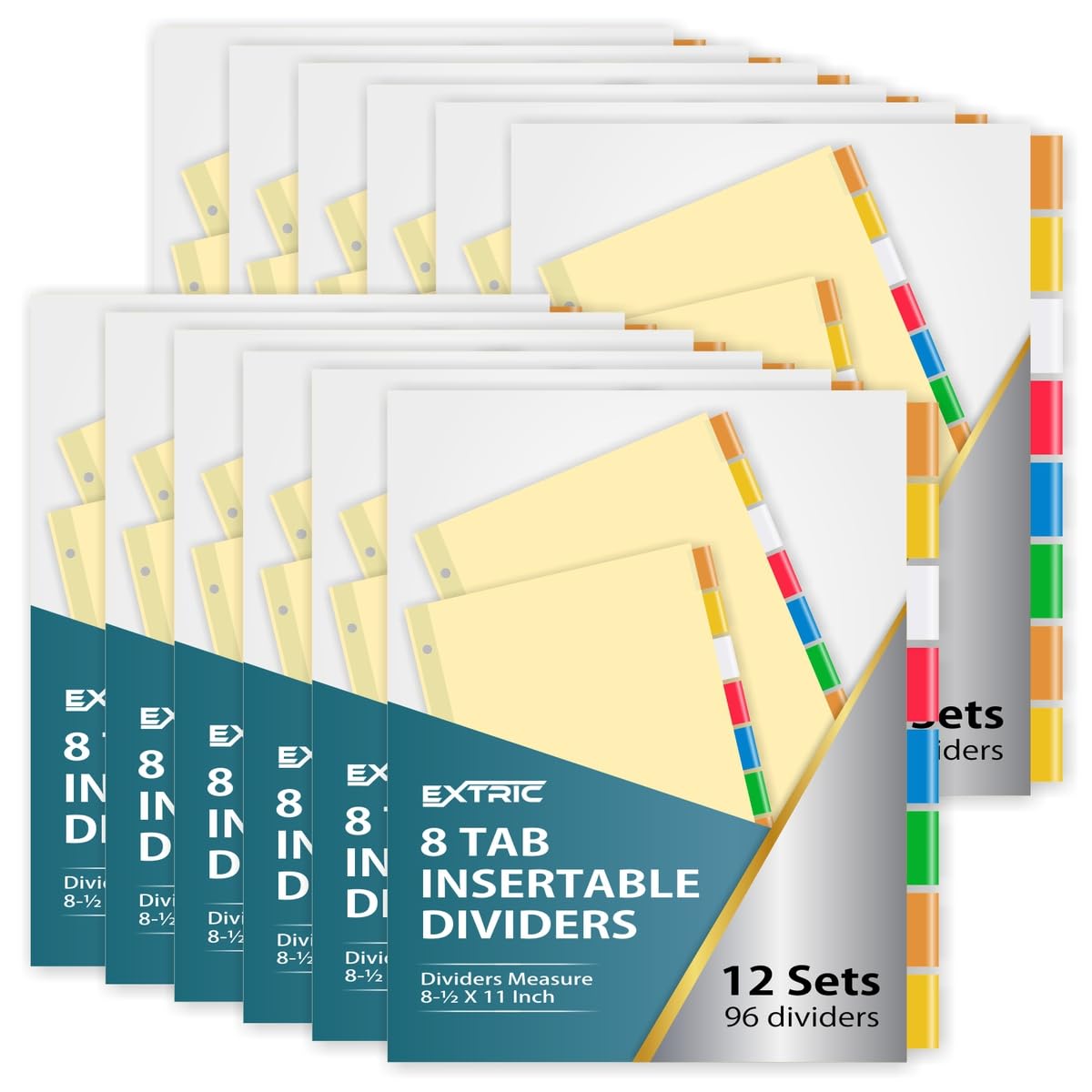 8-Tab Binder Dividers for 3 Ring Binder, Insertable Multicolor Big Tabs, Bulk Letter Size Paper Divider, 8.5 x 11 inch, 12 Sets (96 Dividers Total)