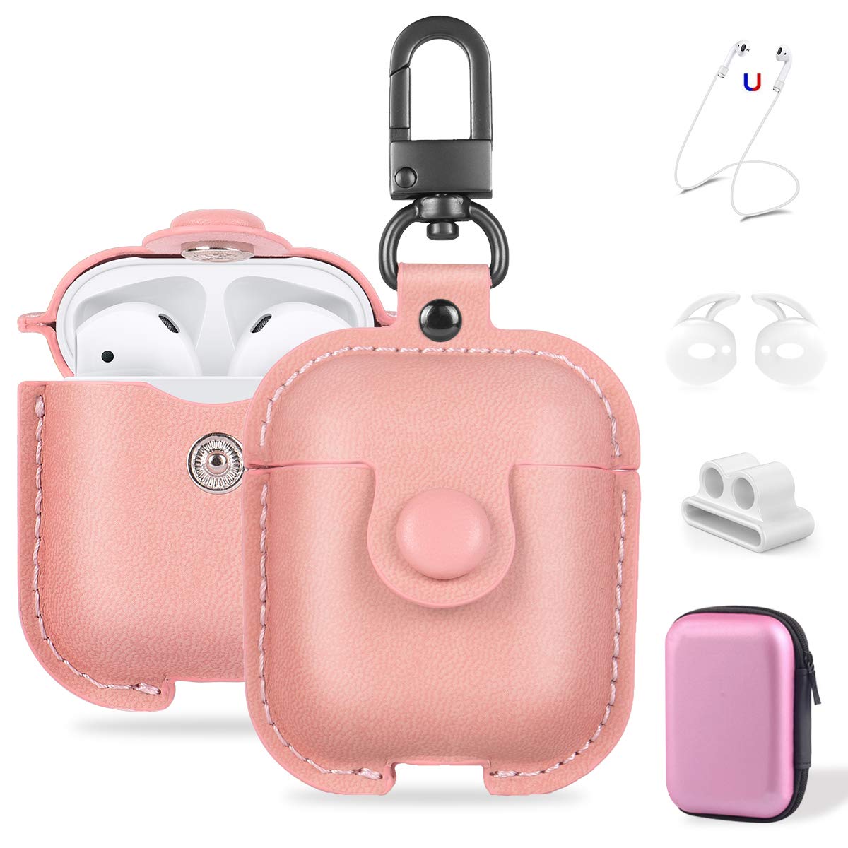 Maxjoy for AirPods 1/2 Case, Premium Leather Protective Cover for AirPods 1st & 2nd Generation with Keychain, Ear Hooks, Anti-Lost Strap and Watch Band Holder, Pink