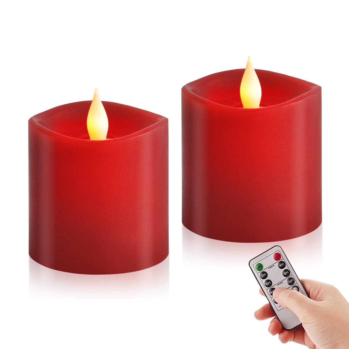 ASLDOIWEH 3x3 Flickering Flameless Candles Set of 2, 2AA Battery Life 600 Hours Battery Candles Flickering with Timer, 3 inch Flameless Candles with Remote for Indoor/Outdoor, Red