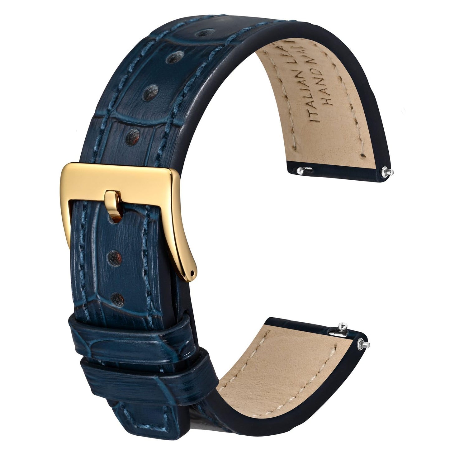 ANBEER 18mm Italian Alligator Grain Embossed Pattern Leather Watch Strap,Quick Release Calfskin Replacement Watch Band for Men Women,Dark Blue with Gold Buckle