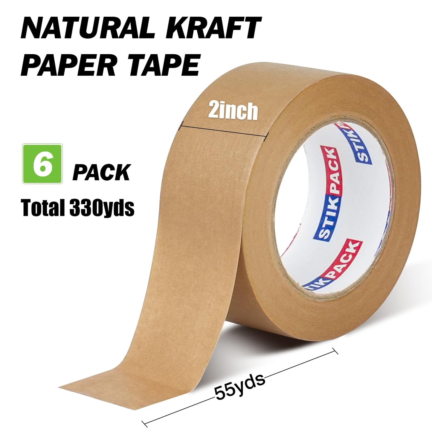 STIKPACK 6 Rolls, Heavy Duty Kraft Paper Tape, 50mm x 50m, Self-Adhesive and Easy to Tear,Eco-Friendly and Biodegradable, Writable,Uncoated, No Noise Paper Packaging Tape for Masking, Sealing,Packing