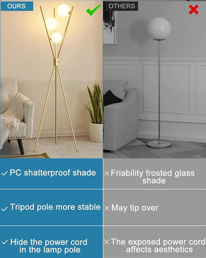 Lightdot Tripod Floor Lamp Stepless Dimmable Globe Modern Floor Lamp Gold Standing Lamps with 3PCS 3000K G9 Bulbs Stable Base Mid Century Floor Lamps for Living Room