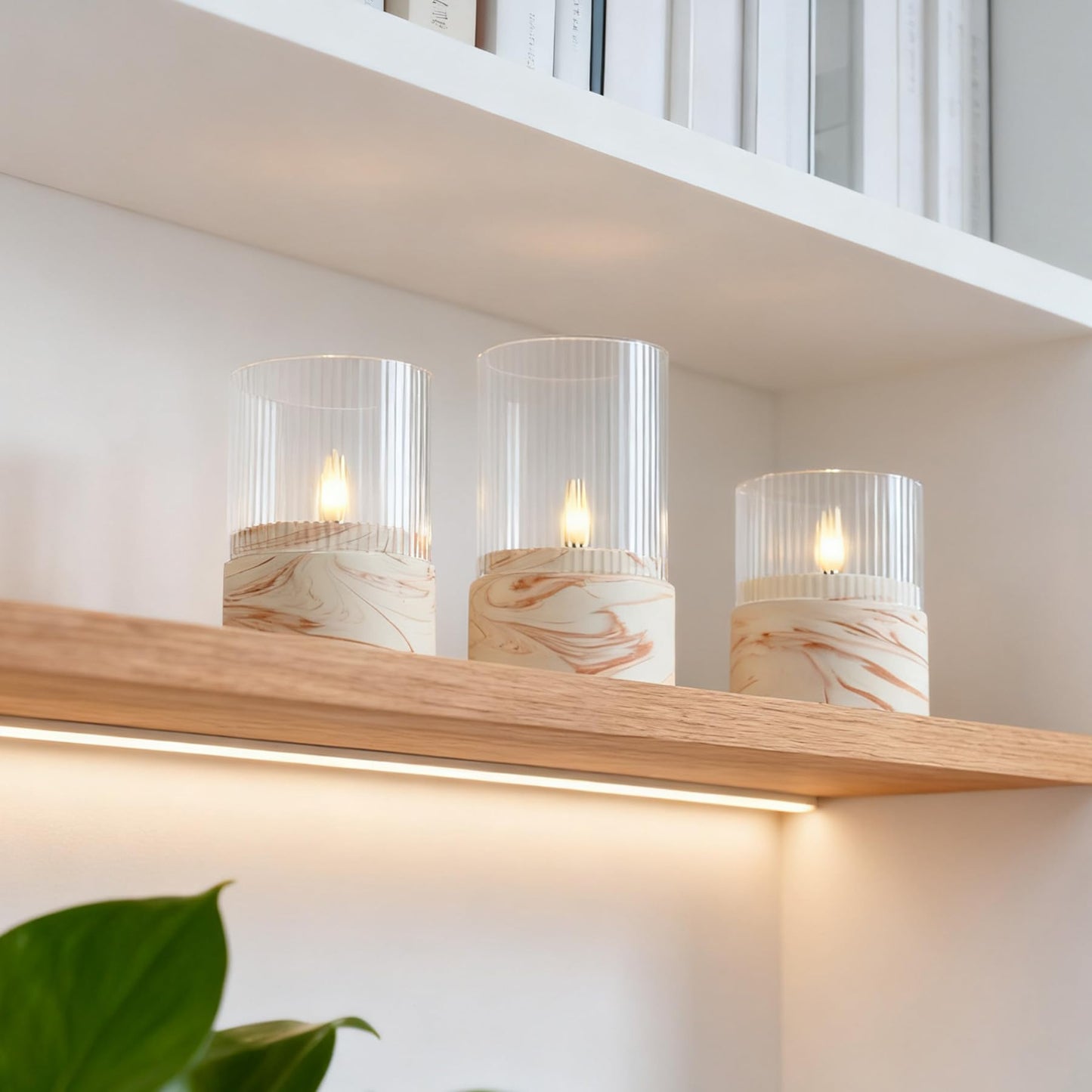 Fanna 3 Flameless LED Candles with Timer Function in Marble Texture, Battery Operated Glass Candles for Home Decor and Table Centerpieces, Cream and Burnt Orange Design - H 4" / 5" / 6"