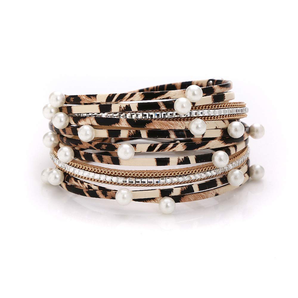 Leopard Print Color Multi-layer PU Leather Bracelet Versatile Women's Jewelry Horsehair Leather Bracelet Gifts for Women for Women (Pearl)