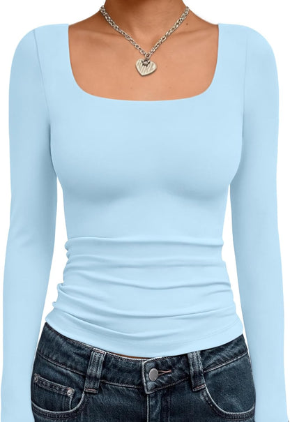Trendy Queen Womens Long Sleeve Shirts Crop Tops Fall Fashion 2025 Square Neck Going Out Basics Tees Y2k Clothes