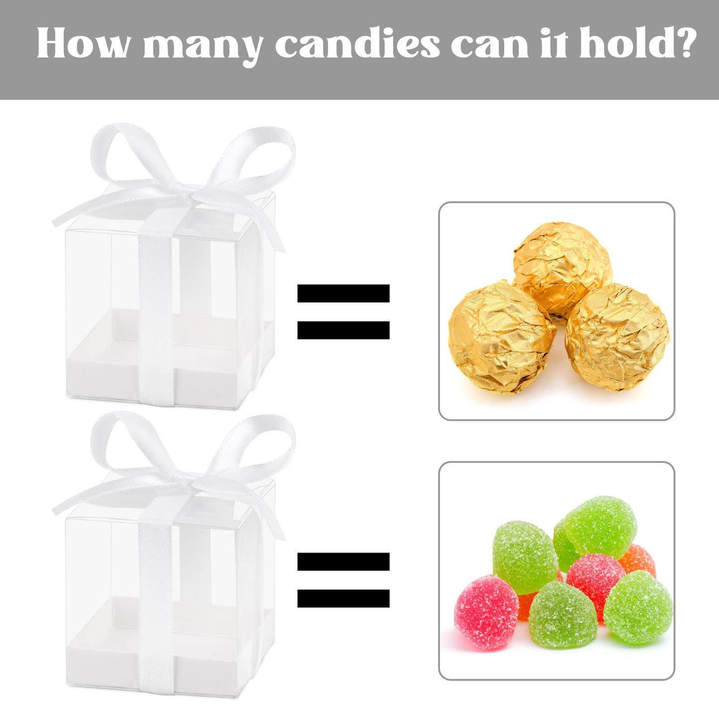 Hxezoc 50 Pack Favor Boxes, 2x2x2 Inches Clear Candy Treat Boxes with White Ribbons, Mini Plastic Gift Boxes for Wedding, Birthday Party, Baby Shower, Classroom Decoration Supplies