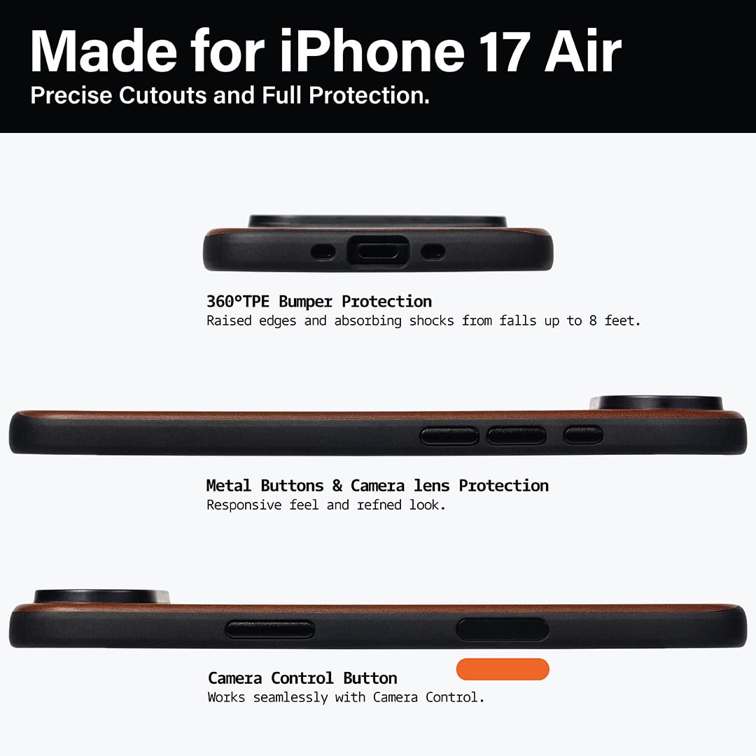 KORDIZ Impact Leather Case for iPhone 17 Air – Full-Grain Leather MagSafe Case with Camera Control Button – 360° Shockproof Bumper – Rugged Patina-Ready Protection – Slim Grip Cover (Dark Brown)