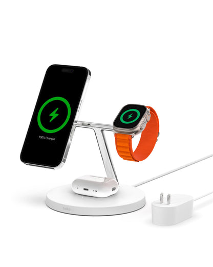 Belkin MagSafe-Compatible Charger, 3-in-1 Wireless Charging Station, Qi2-Certified 15W Wireless Charge for Apple iPhone 17 Series, Apple Watch, AirPods w/Non-Slip Base, 40W Included - Black