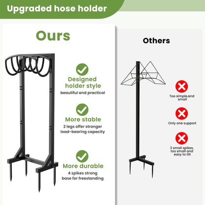 Pattiumo Garden Hose Holder with 4 Spikes, Water Hose Holders for Outside, 150ft Garden Hose Storage Heavy Duty Hose Hanger Metal Hose Stand Detachable Hose Reel Rack Organizer