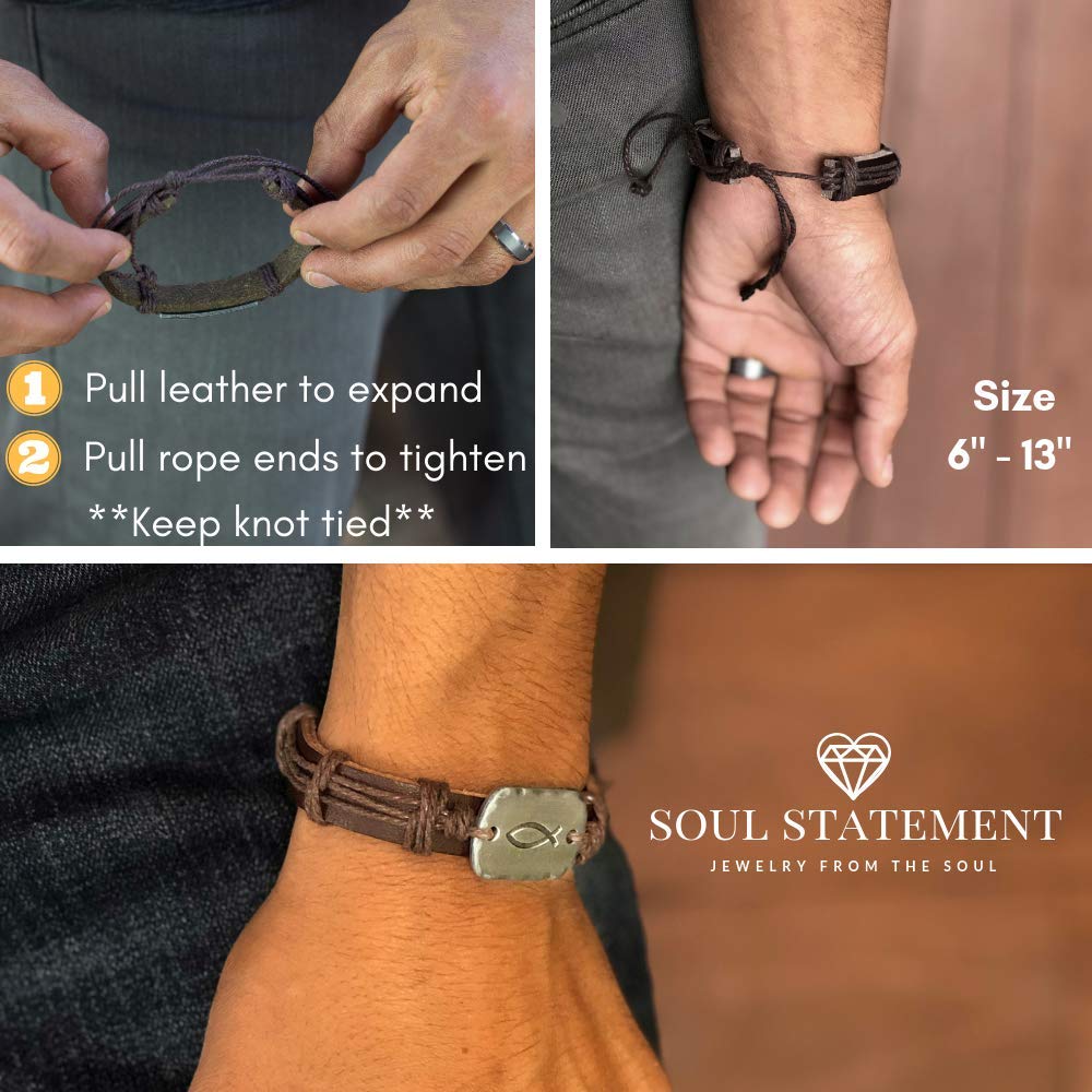 Soul Statement Sign of the Fish Men's Leather Wrap Bracelet for Teenagers (Brown Fish)