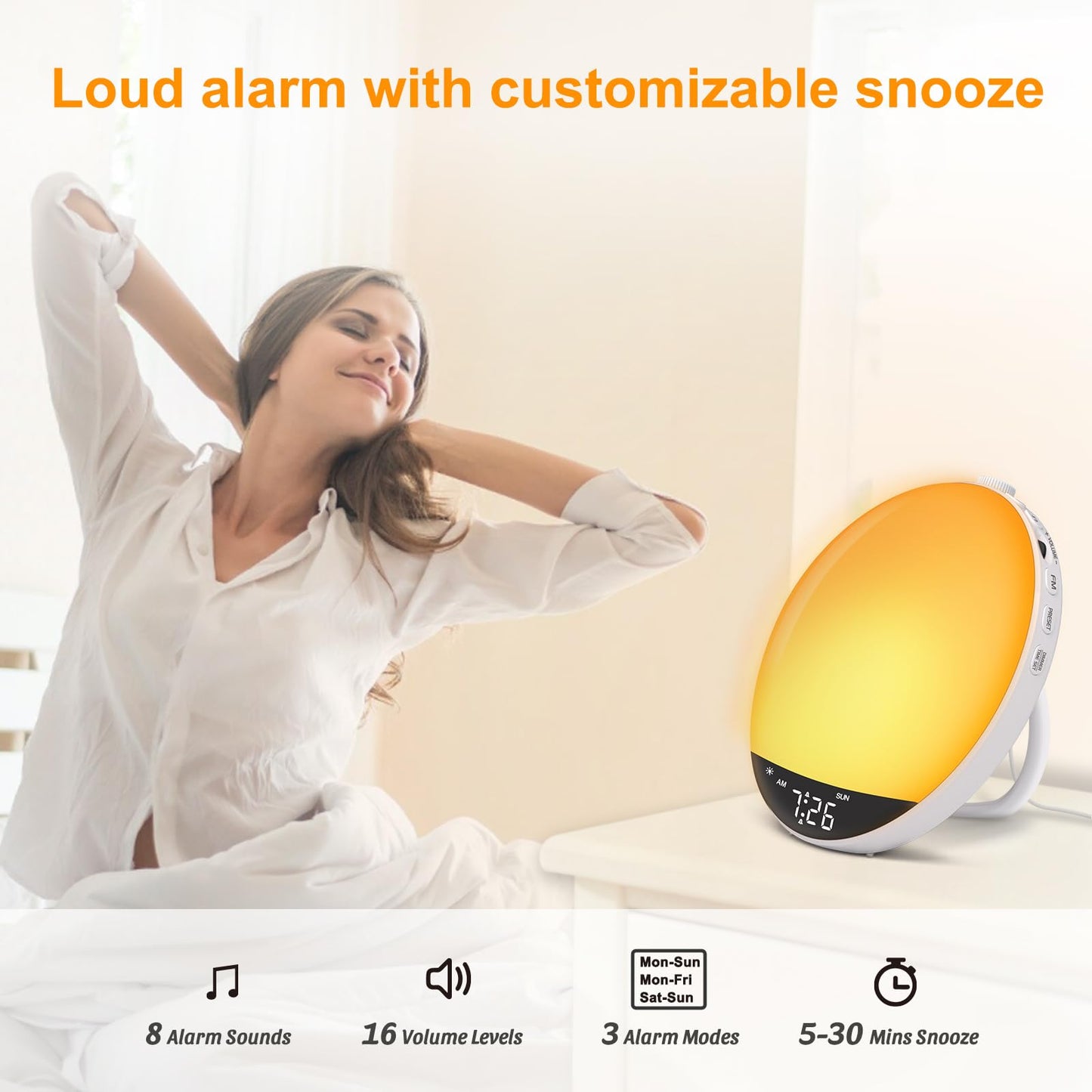DreamSky Sunrise Alarm Clock Radio for Bedroom - Wake up Light Alarm Clock for Kids Heavy Sleepers Adults, Digital FM Radio with Bluetooth Speaker, Volume Control, Dimmable RGB Night Light, Timer