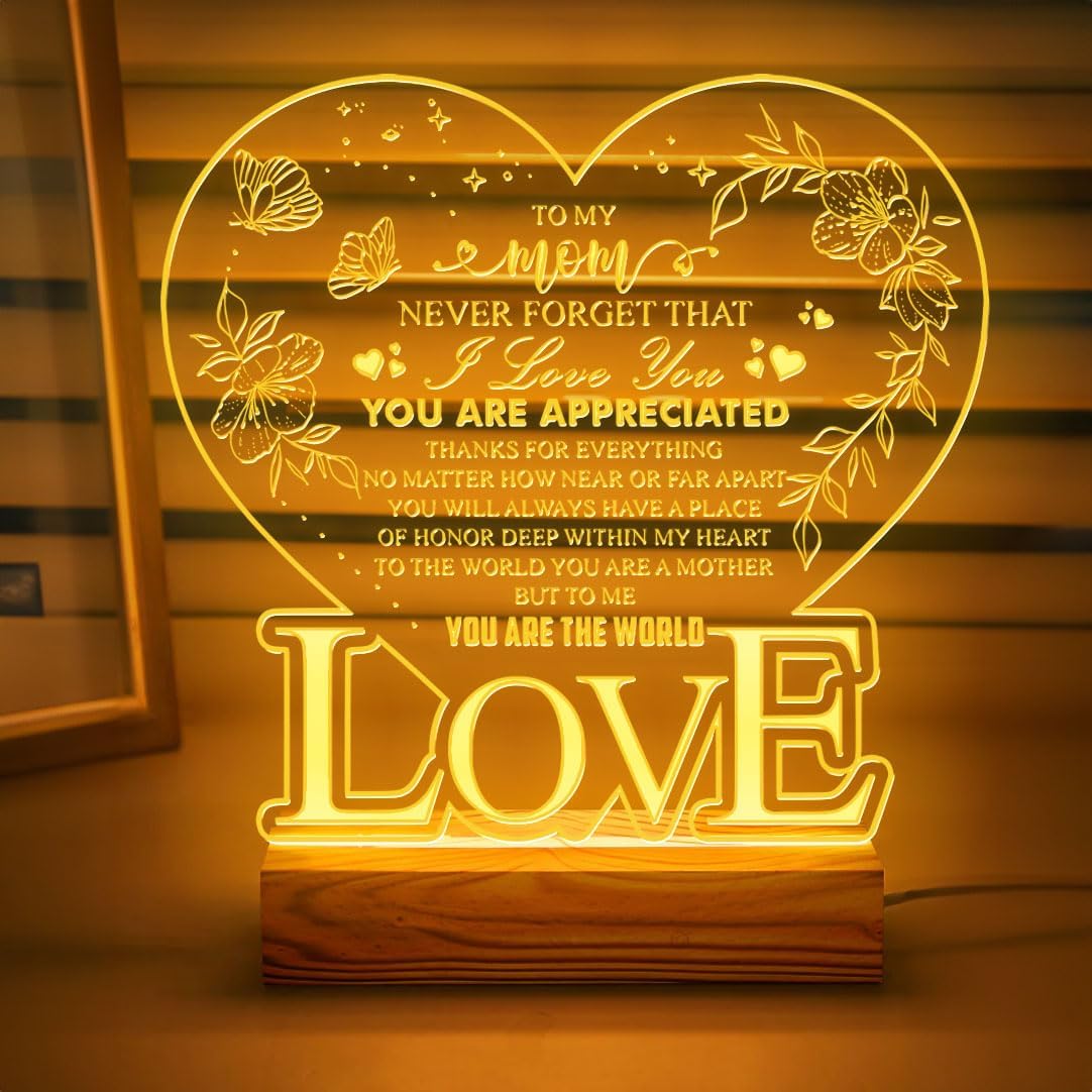 DongNaiWin to My Mom Never Forget That I Love You - Heart-Shaped LED Night Light for Mom - USB Powered Lamp with Engraved Love Message - Gift for Christmas Birthday, Home Decor