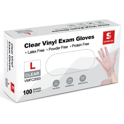 SCHNEIDER Clear Vinyl Exam Gloves, 4-mil, Medium 100-ct Box, Latex-Free, Disposable Gloves, Medical Gloves, Cleaning Gloves, Food Prep Gloves, Food Safe Rubber Gloves, Powder-Free, Non-Sterile