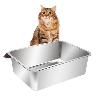 Kichwit Extra Large Stainless Steel Open Cat Litter Box with High Sides, Metal Litter Pan for Cat, 23.6 x 15.7 x 5.9 Inches