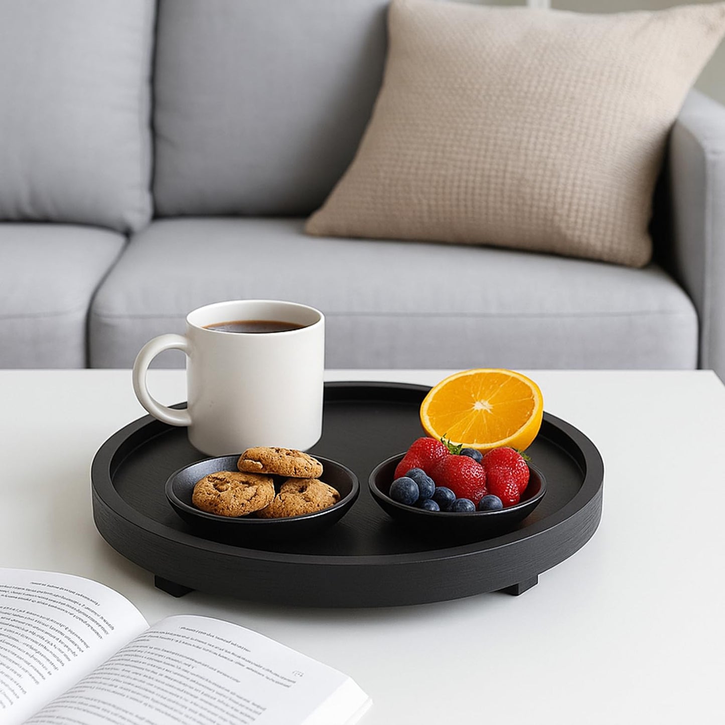Black Decorative Wooden Tray for Kitchen Counter Bathroom Accessories Sink Vanity Trays Wood Riser Candle Pedestal Stand for Perfume Soap Trays Round Dining Coffee Table Small Rustic Home Decor Tray