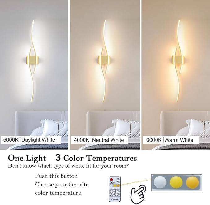 Modern Wall Sconces Set of 2, Dimmable LED with Remote Control, Gold Indoor Wall Sconce, Hard Wired Wall Lights for Living Room, LED Wall Decor for Hallway, Bedroom, 40.5" in, 3 Color, Timer, Memory