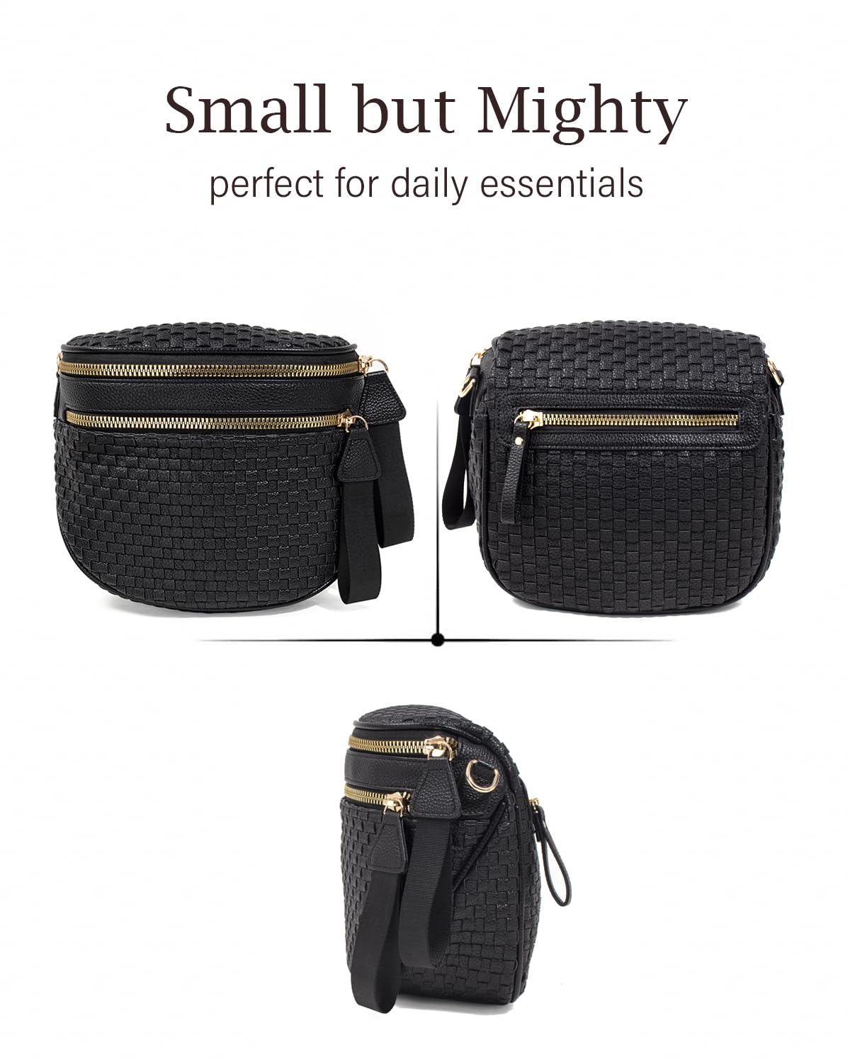 Valentoria Large Woven Leather Crossbody Bags for Women Bum Bag Sling Bag Purse With Adjustable Strap Detachable Wallets Must Haves Cross body Bag (Black Checkered)