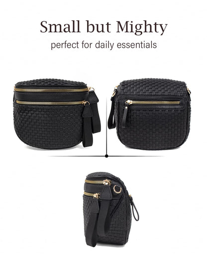 Valentoria Large Woven Leather Crossbody Bags for Women Bum Bag Sling Bag Purse With Adjustable Strap Detachable Wallets Must Haves Cross body Bag (Black Checkered)