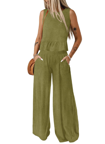 Dokotoo Pants Sets Women 2 Piece Outfits Sleeveless Round Neck Tank Tops Matching Sets for Women Elastic Waist Wide Leg