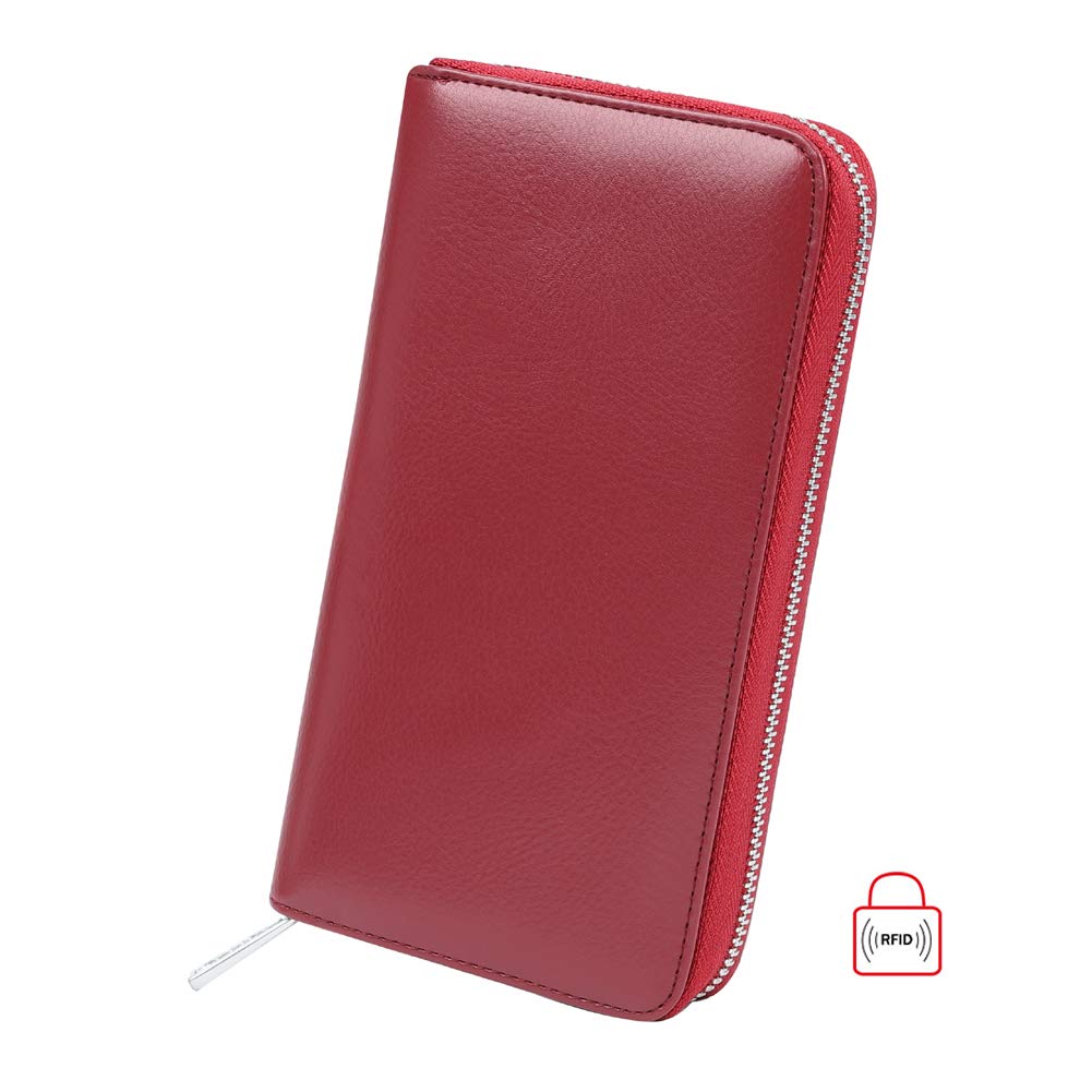 Cynure Women 36 Slots RFID Blocking Card Holder Large Long Leather Zipper Organizer Accordion Wallet,Dark Red