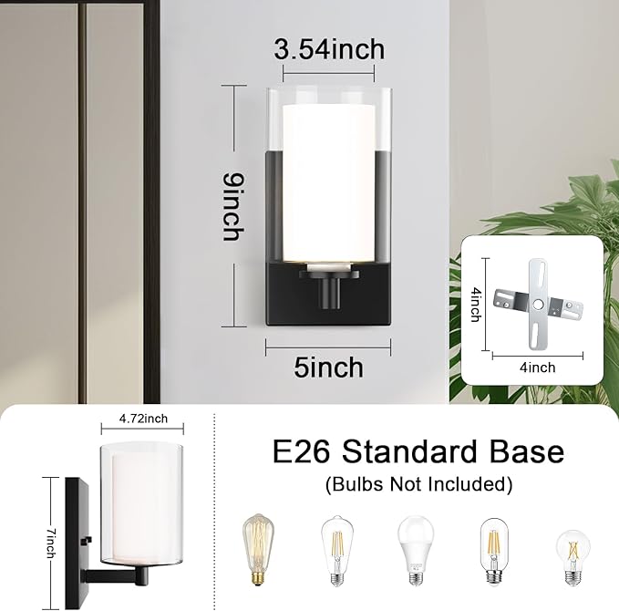 Wall Sconces Set of Two: Bathroom Sconce of 2, Black Vanity Fixtures with Double Clear Glass Shade, E26 Base Hardwired Farmhouse Wall Lights for Bedroom Living Room Bathroom (Bulb not Included)