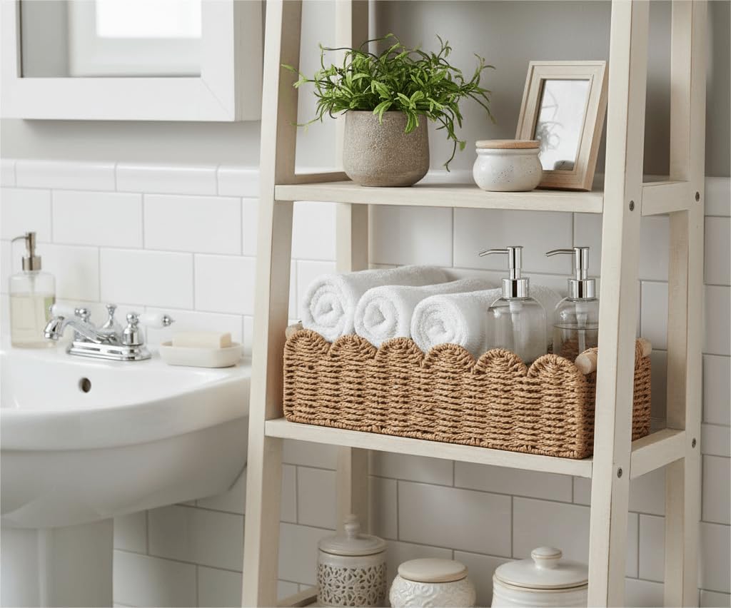 CubesLand Paper Rope Scalloped Edge Toilet Paper Storage Basket, Small Living Room, Bedroom Decor Baskets for Over Toilet Storage Shelf, End Table, Shelves and More, with 2 Wooden Handle, Neutral