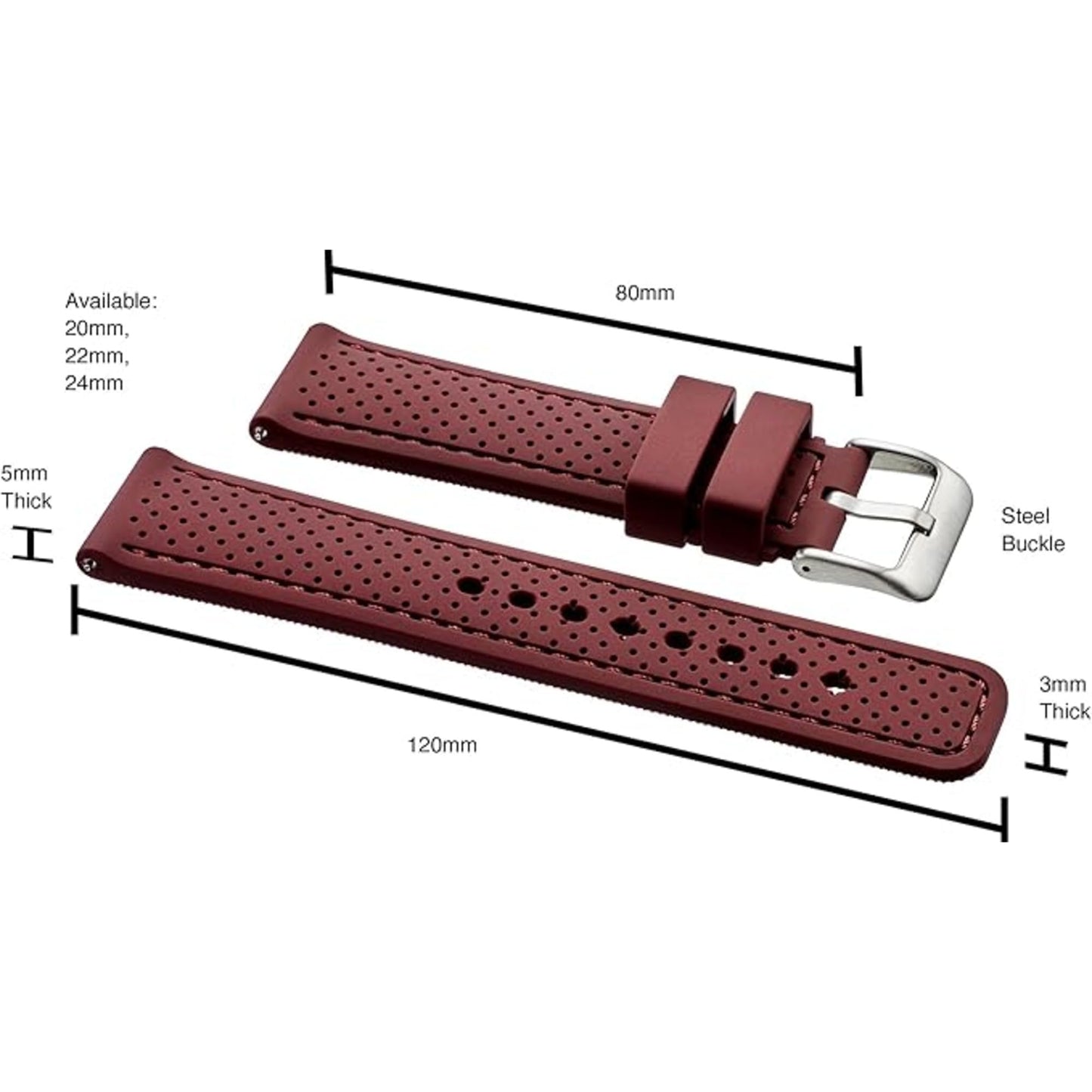 Premium quality sporty silicone waterproof watch band with quick release - Soft rubber watch Strap- Burgundy - 22mm (S2800)