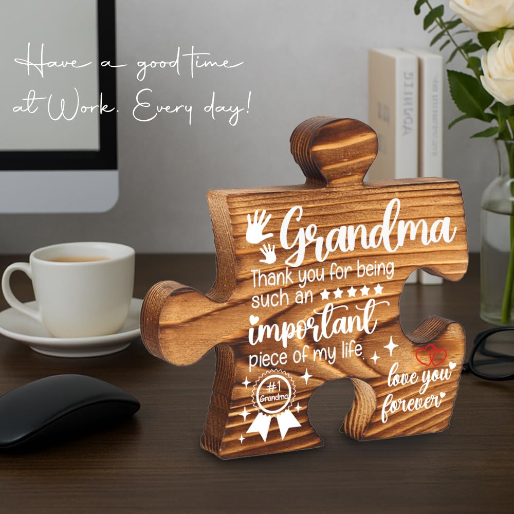 Grandma Puzzle Piece Gift Appreciation Plaque Family Love Sign Wooden Desk Decor for Grandmother Birthday Mothers Day Gift from Grandkids Decorative Signs & Plaques-LMP40
