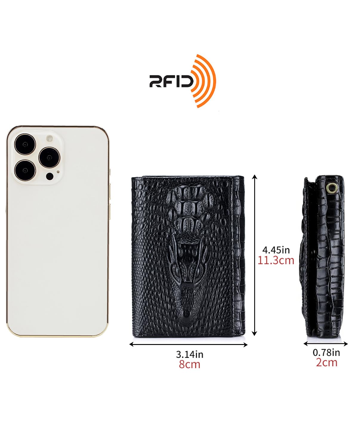 Steel Lion Mens Trifold Wallet Leather RFID Blocking, Crocodile Embossed Slim Wallet with 2 ID Window, 11 Card Slots, Detachable Anti-Theft Chain, Compact Wallet for Business Travel Daily Use (Black)
