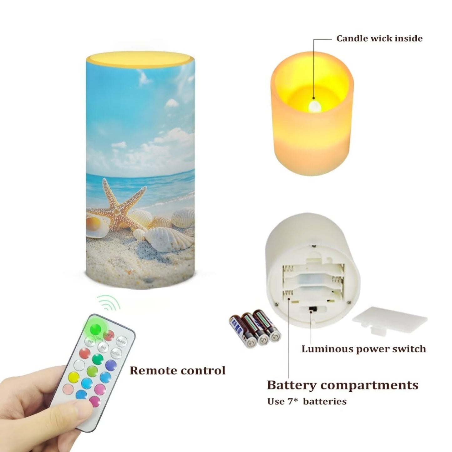 Poceacles Beach Starfish Seashell Blue Sky LED Flameless Candles Battery Operated Candles with Remote Control Timer Flickering Wick Pillar Candles for Coastal Home Bathroom Outdoor Decor