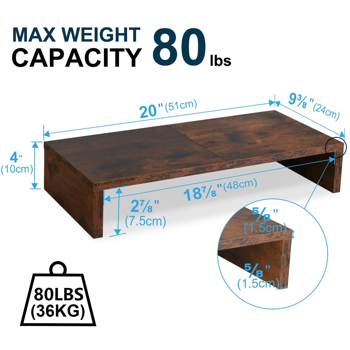 TEAMIX 20 Inch Monitor Stand Riser, Wooden Desktop Riser for TV/PC/Laptop/Printer, Rustic Brown Monitor Riser with Storage, Computer Stand Keyboard Organizer