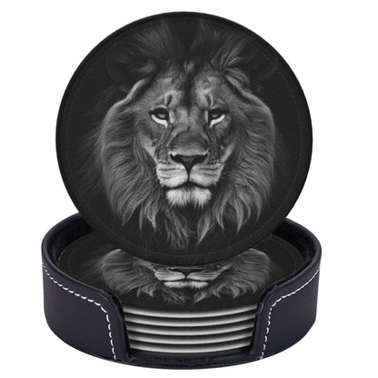 Famame 6 Pcs 3D Black Lion Leather Coasters for Drinks with Holder Coaster Sets Drink Table Cup Coasters for Living Room Kitchen Coffee Decor