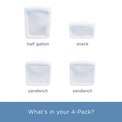 Stasher Premium Silicone Reusable Food Storage Bags, 4-Pack, Clear, Multi-Use Food Storage Bags, Lunch Bag, Travel Containers, BPA Free, Leak-free, Dishwasher-Safe, Eco-friendly